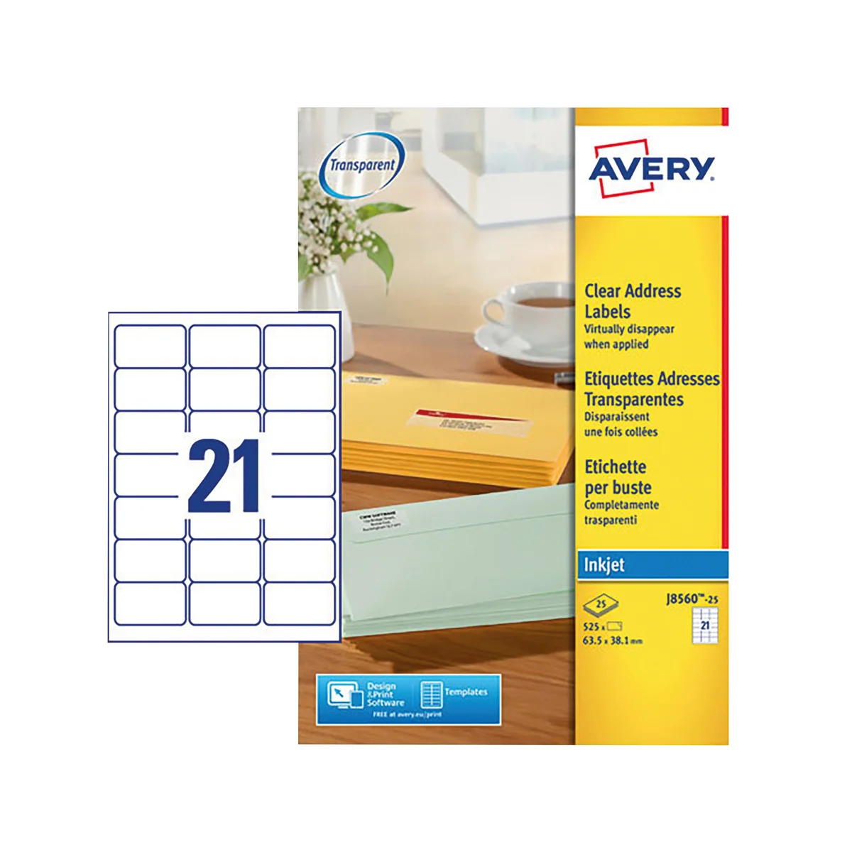 Avery Inkjet Address Labels 21 Per Sheet Clear (Pack of 525) J8560-25 - Image 2