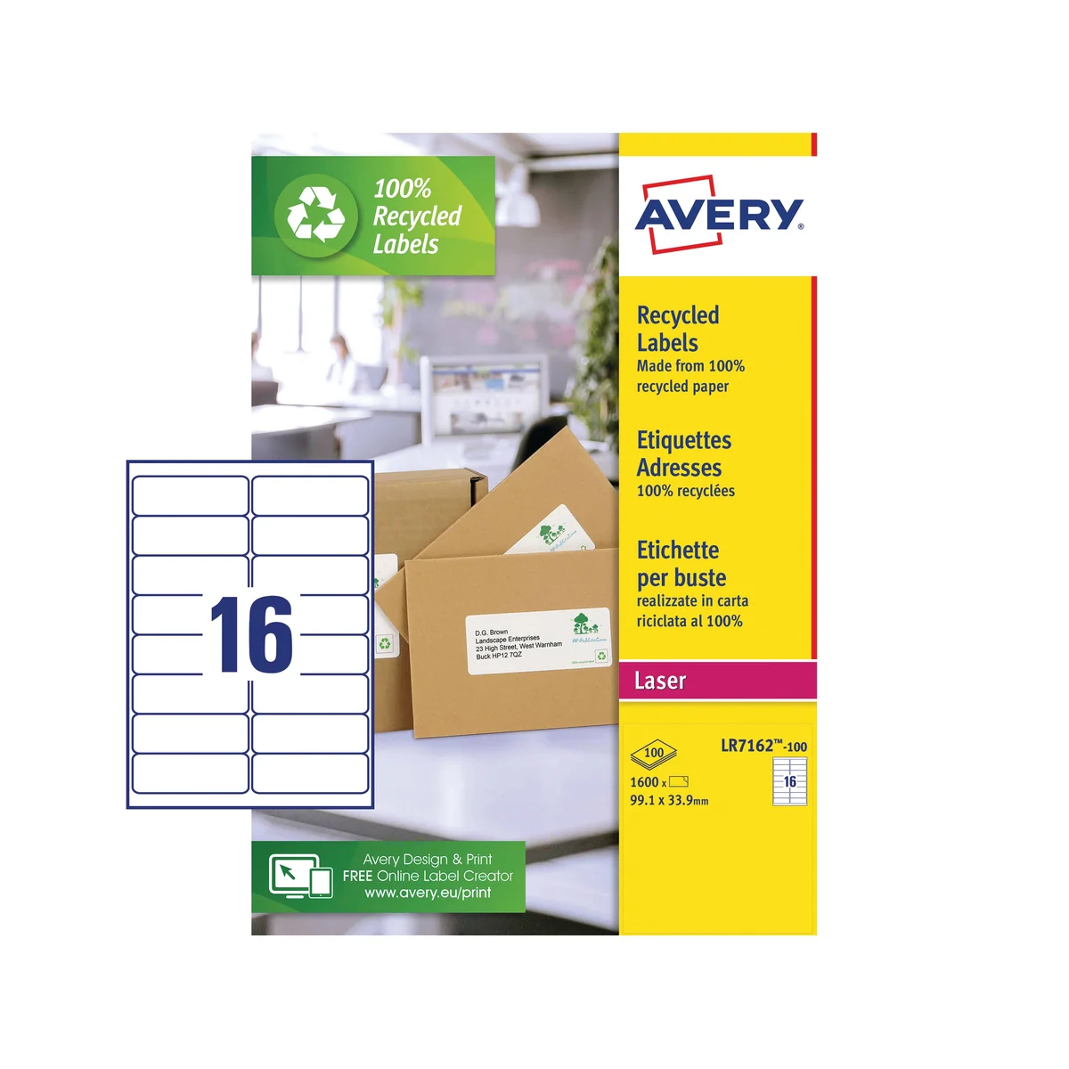Avery Laser Labels Recycled 16 Per Sheet Wht (Pack of 1600) LR7162-100 - Image 2