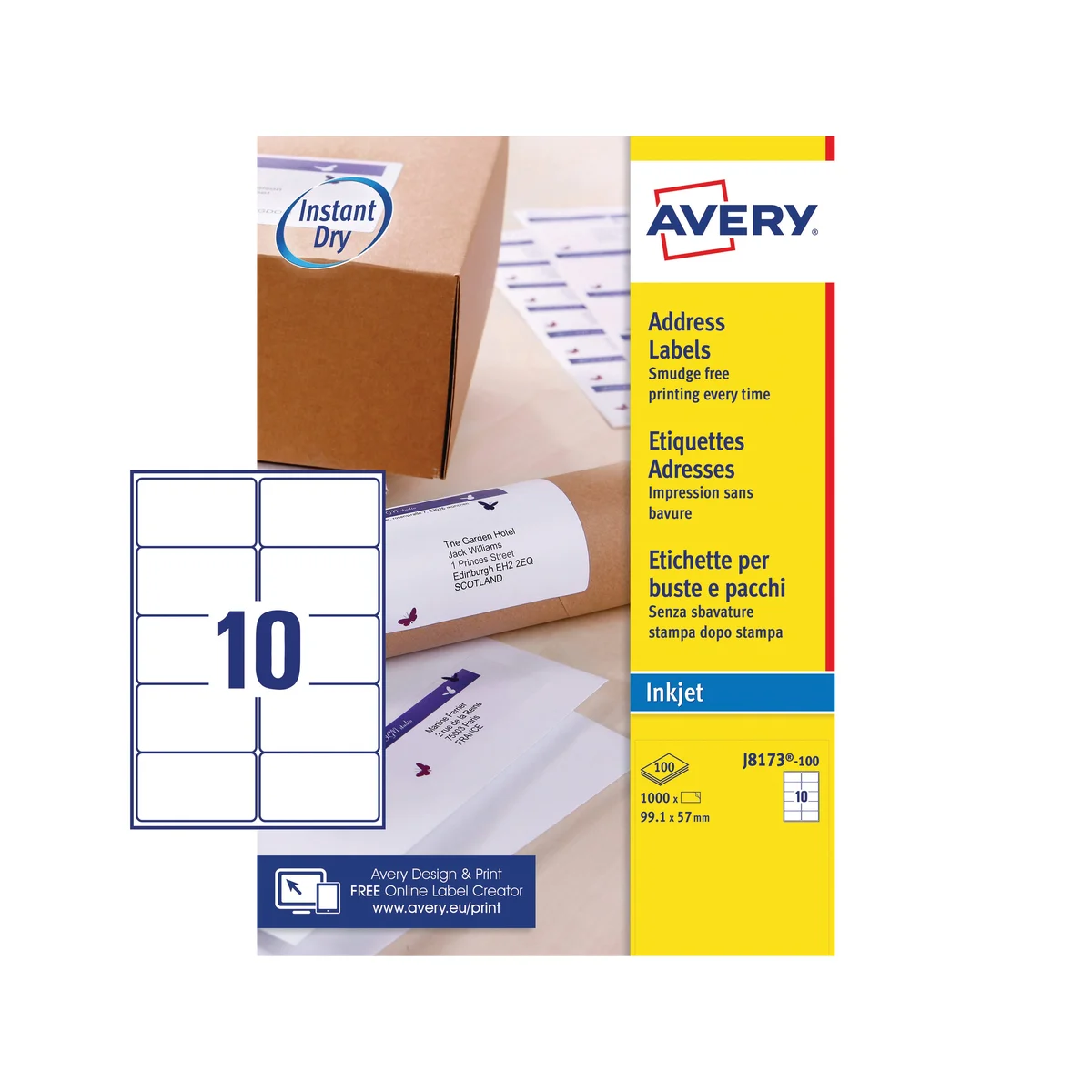 Avery Inkjet Label 99.1x57mm 10 Per Sheet White (Pack of 1000) J8173-100 - Image 2