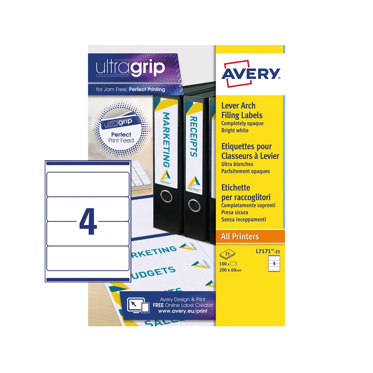 Avery Laser Inkjet Lever Arch Labels 200x60mm Wht (Pack of 100) L7171-25 - Image 2