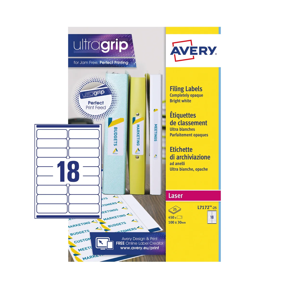 Avery Laser Ring Binder Label 100mmx30mm 18 Per Sheet White (Pack of 450) L7172-25 - Image 2
