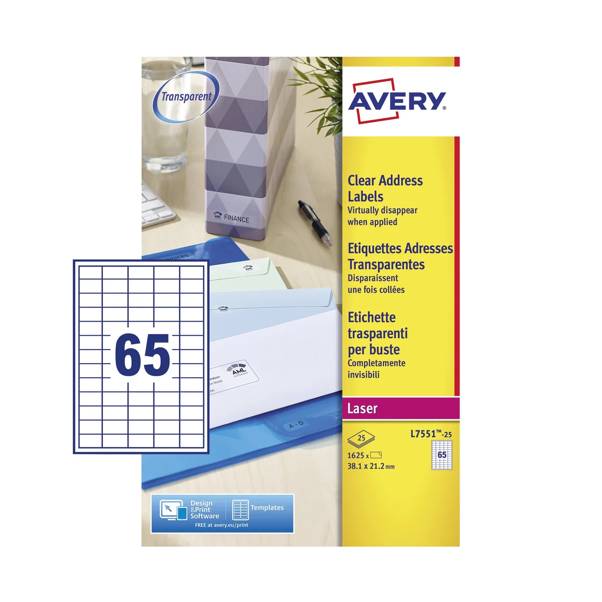 Avery Laser Mini Labels 38x21mm 65 Per Sheet Clear (Pack of 1625) L7551-25 - Image 2