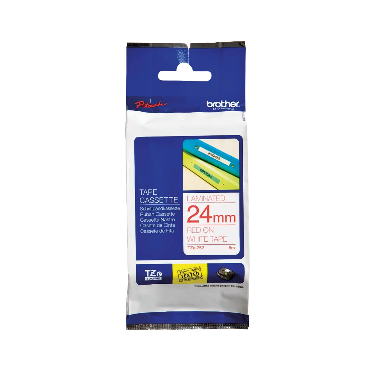 Brother P-Touch TZe Lam Tape Cassette 24mm x 8m Red on White Tape TZE252