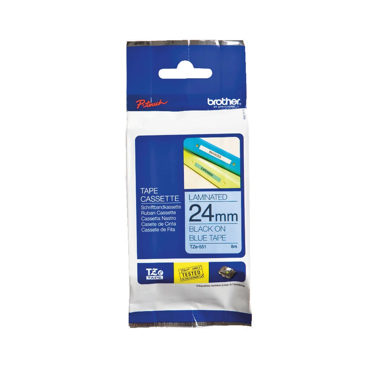 Brother P-Touch TZe Lam Tape Cassette 24mm x 8m Black on Blue Tape TZE551 - Image 1