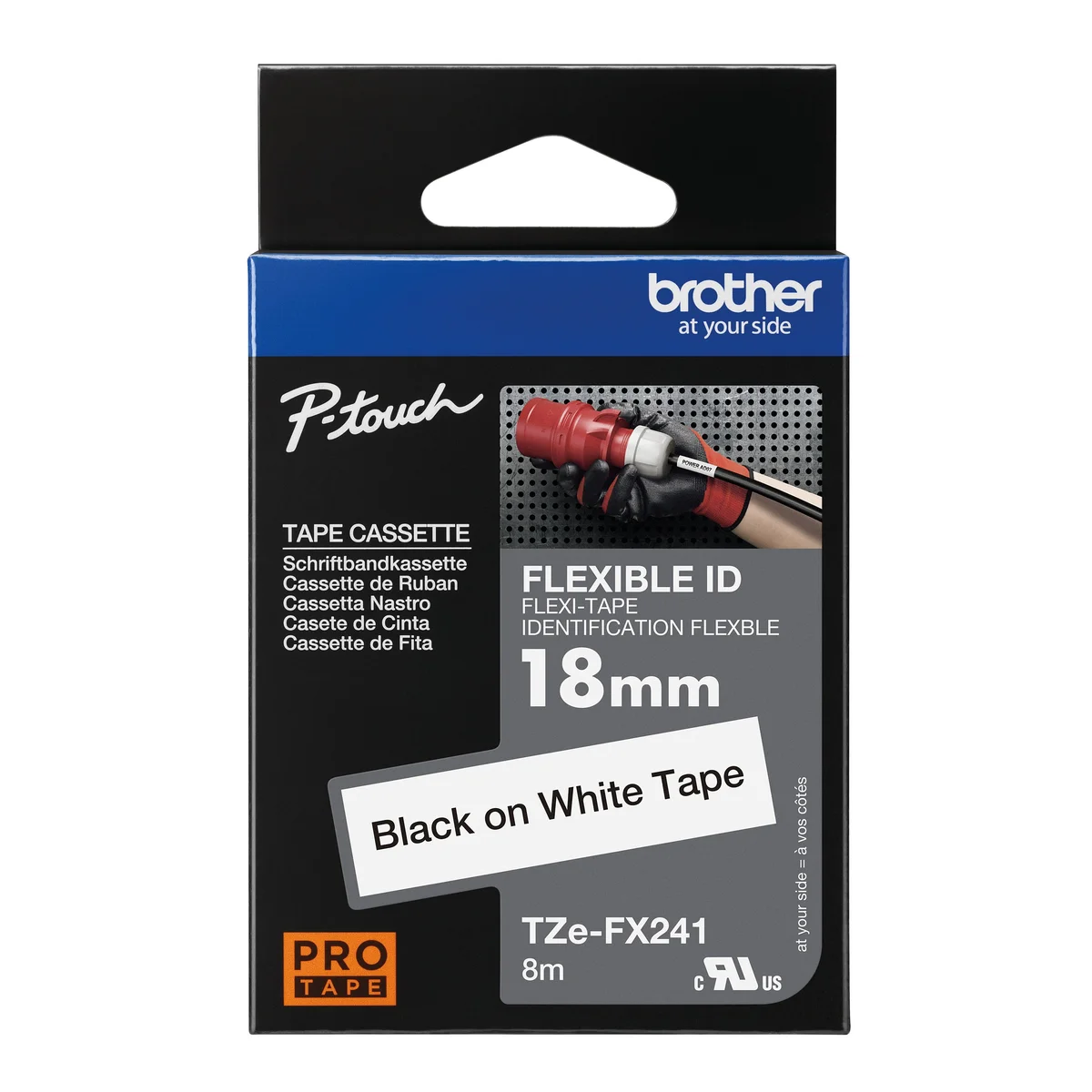 Brother P-Touch TZe Lam Tape Cassette 18mmx8m Black/White Flexible ID Labelling Tape TZE-FX241