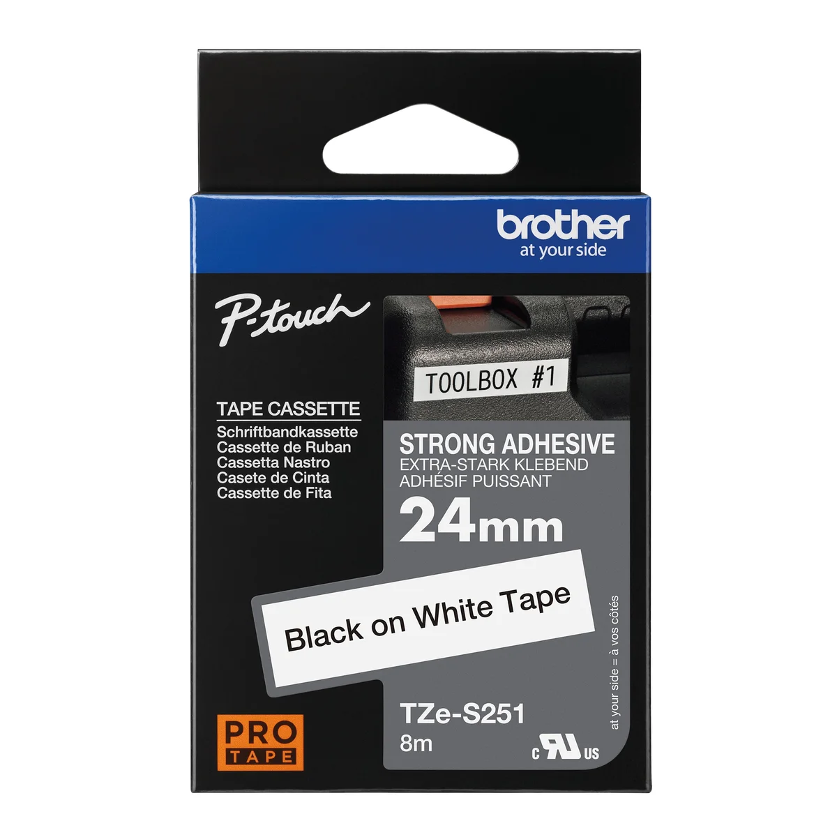 Brother P-Touch TZe Lam Tape Cassette 24mm x 8m Black on White Tape TZE-S251