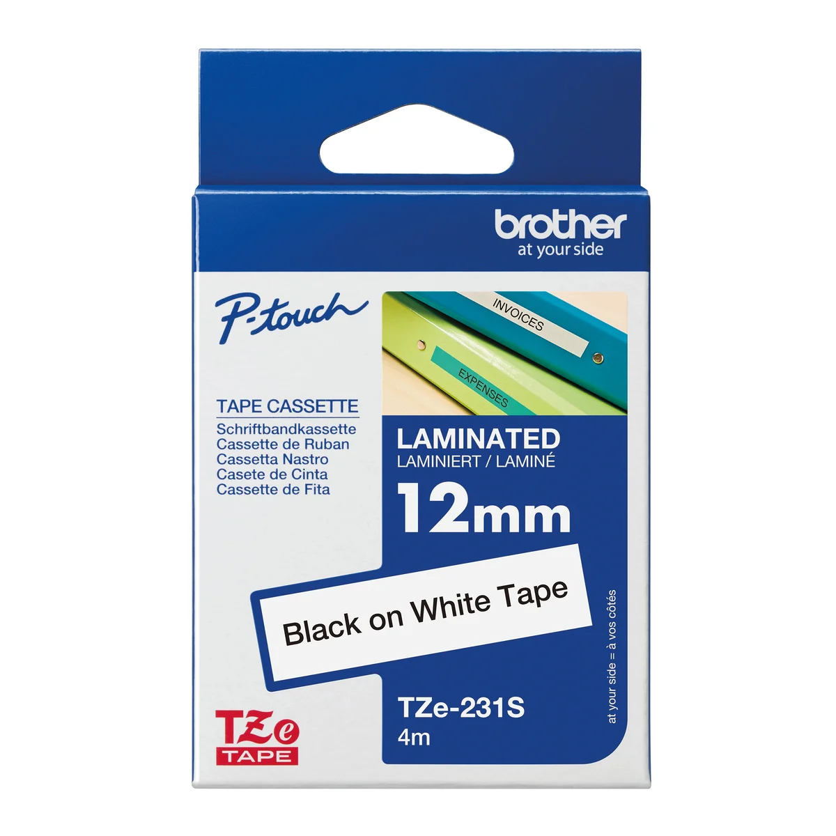 Brother P-Touch TZe Lam Tape Cassette 12mm x 4m Black on White Tape TZE231S2 - Image 1