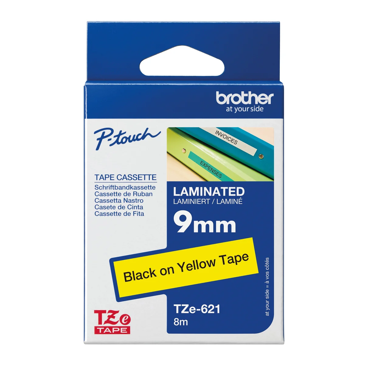 Brother P-Touch TZe Lam Tape Cassette 9mm x 8m Black on Yellow Tape TZE621