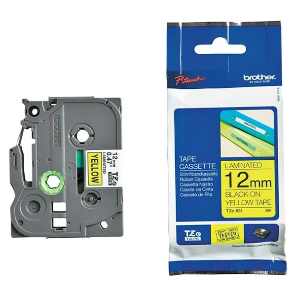 Brother P-Touch TZe Lam Tape Cassette 12mm x 8m Black on Yellow Tape TZE631 - Image 2