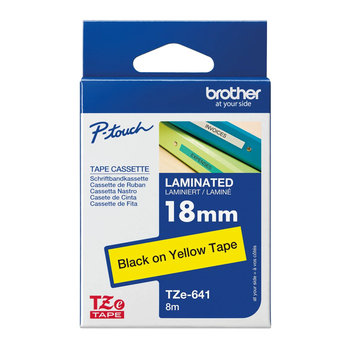 Brother P-Touch TZe Lam Tape Cassette 18mm x 8m Black on Yellow Tape TZE641