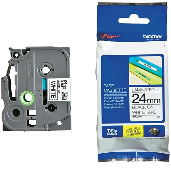 Brother P-Touch TZe Lam Tape Cassette 24mm x 8m Black on White Tape TZE251 - Image 2