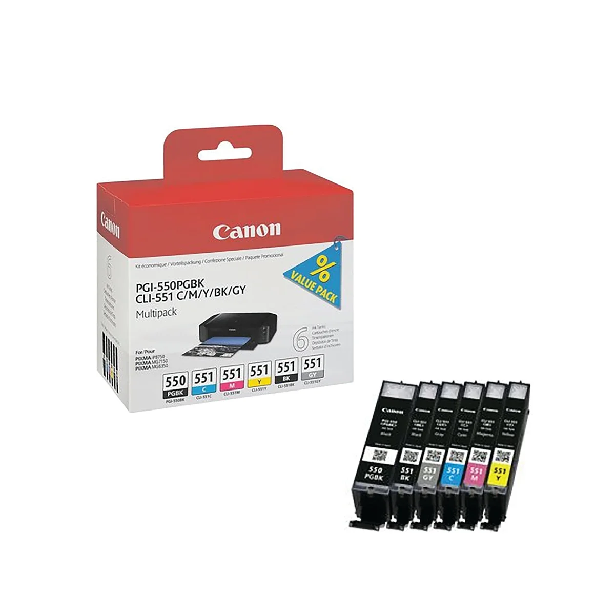 Canon PGI-550/CLI-551 Ink Cartridges PGBK/CMYK/GY Multipack 6496B005 - Image 2
