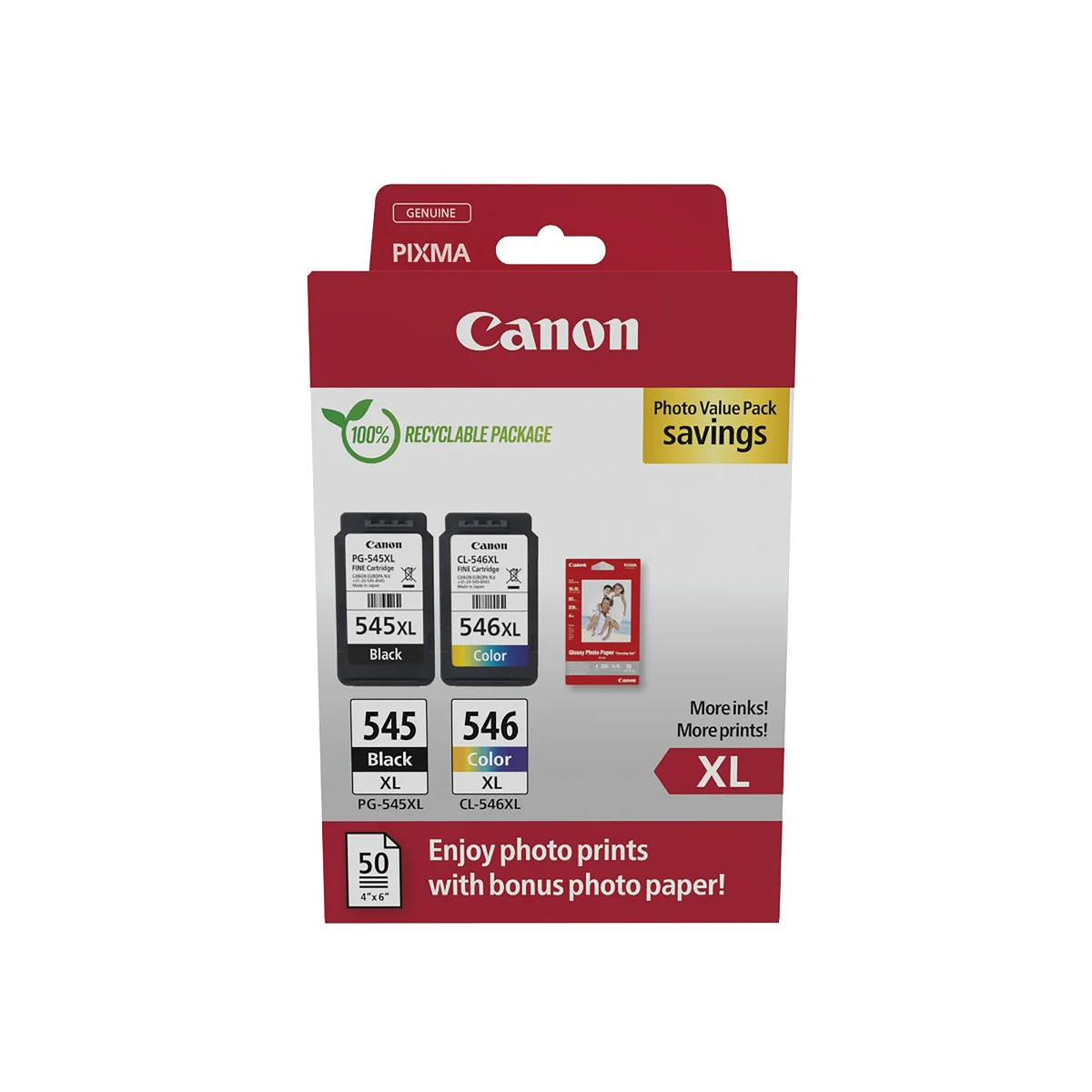 Canon PG-545XL/CL-546XL Ink Cartridges High Yield + Photo Paper Value Pack 8286B006