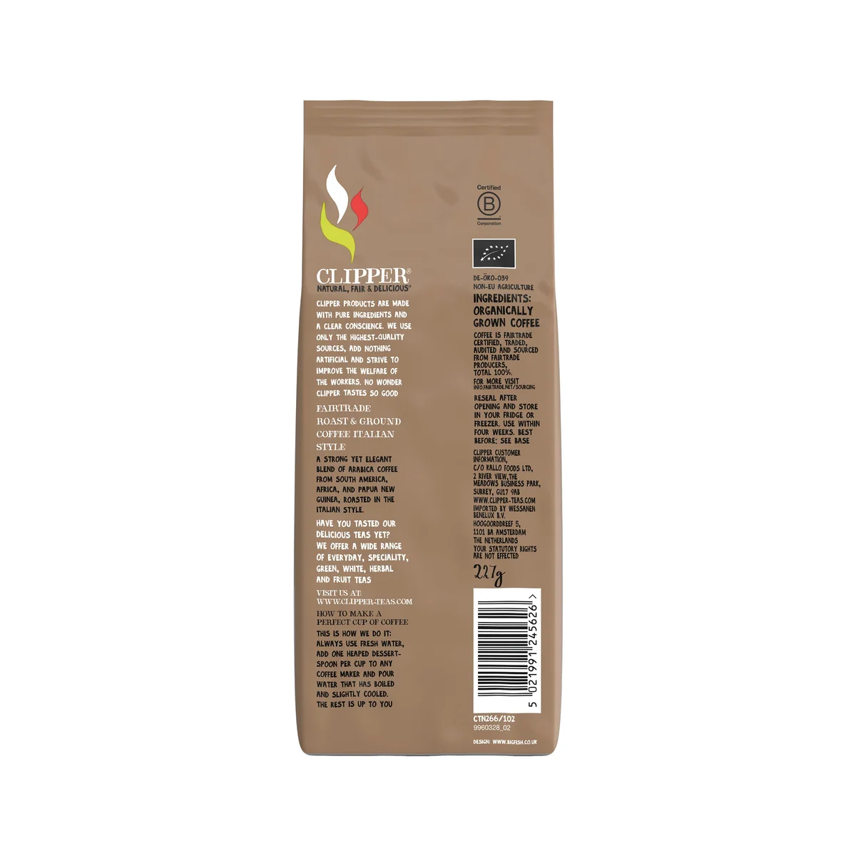 Clipper Fairtrade Italian Style Coffee Roast and Ground Organic 227g CTN266 - Image 2