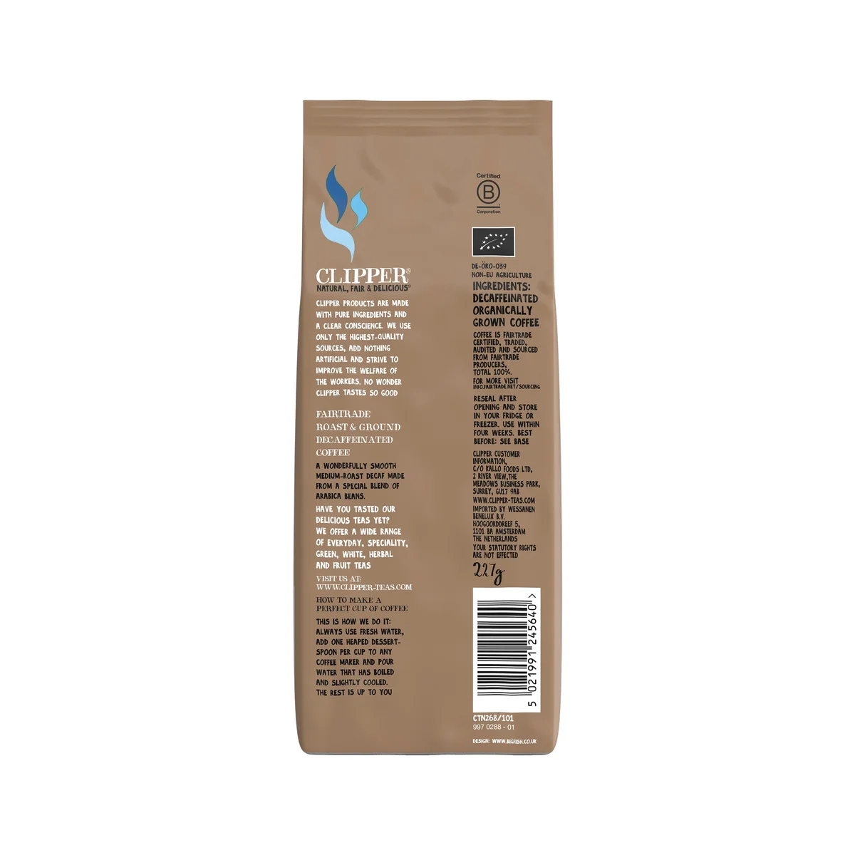 Clipper Fairtrade Decaffeinated Coffee Roast and Ground Organic 227g CTN268 - Image 2