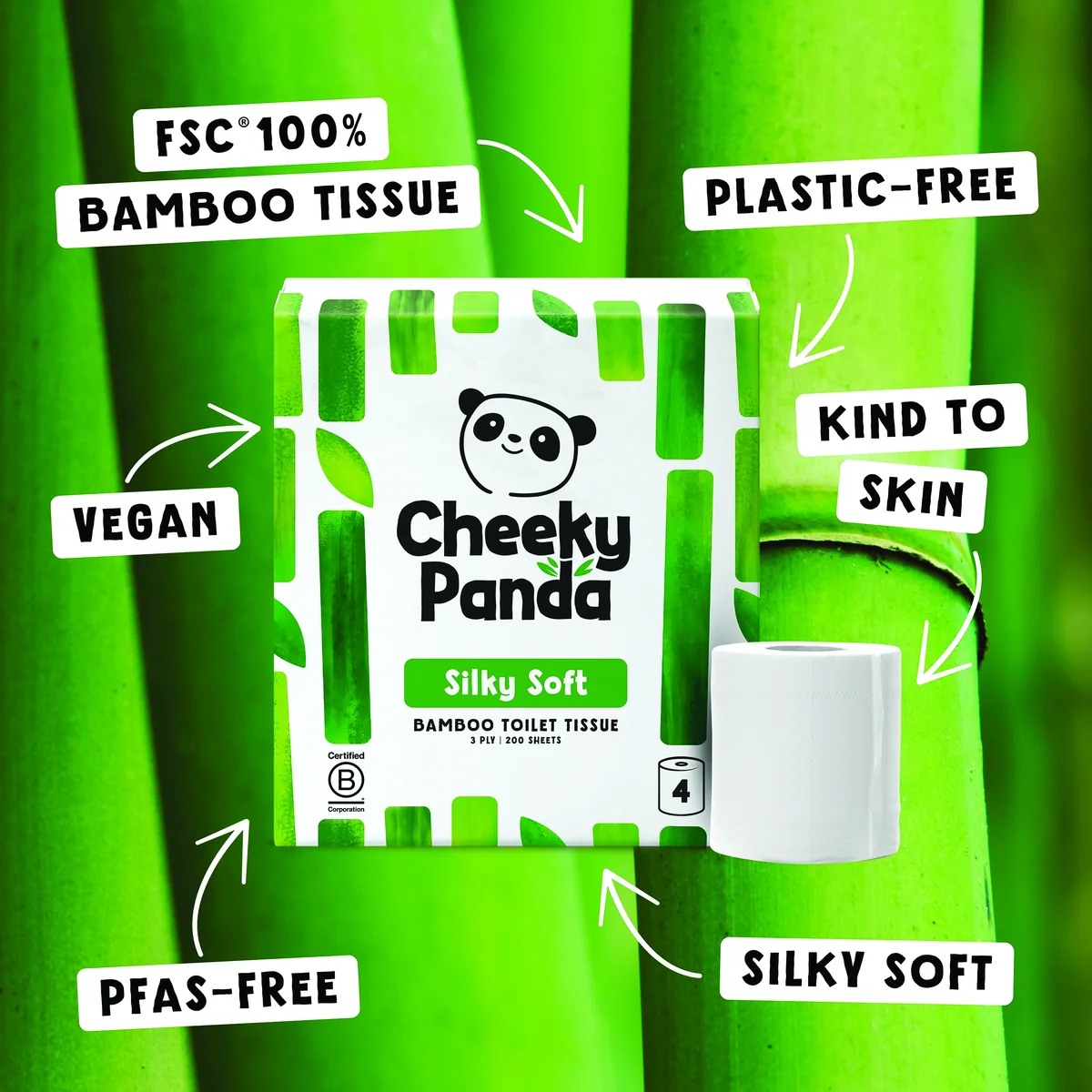 Cheeky Panda 3-Ply Silky Soft Toilet Tissue 200 Sheets 4 Rolls per Pack (Pack of 6) 1102181 - Image 4