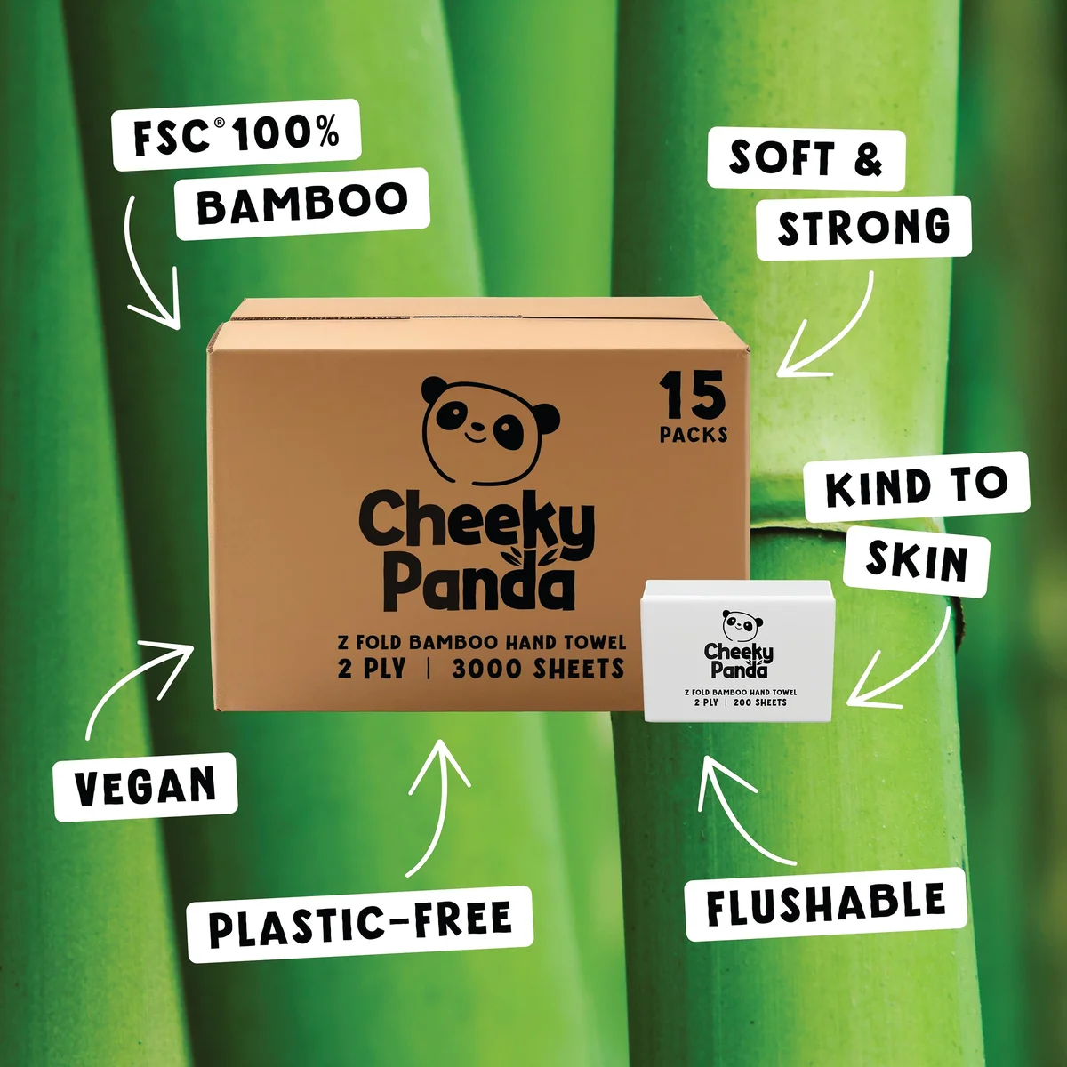 Cheeky Panda Z-Fold 2-Ply Bamboo Hand Towel 200 Towels per Pack (Pack of 15) ZHANDTW15 - Image 3
