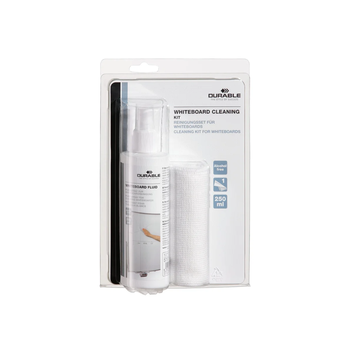 Durable Streak Free Whiteboard Cleaning Spray and Microfibre Cloth Kit 250ml 583300 - Image 2