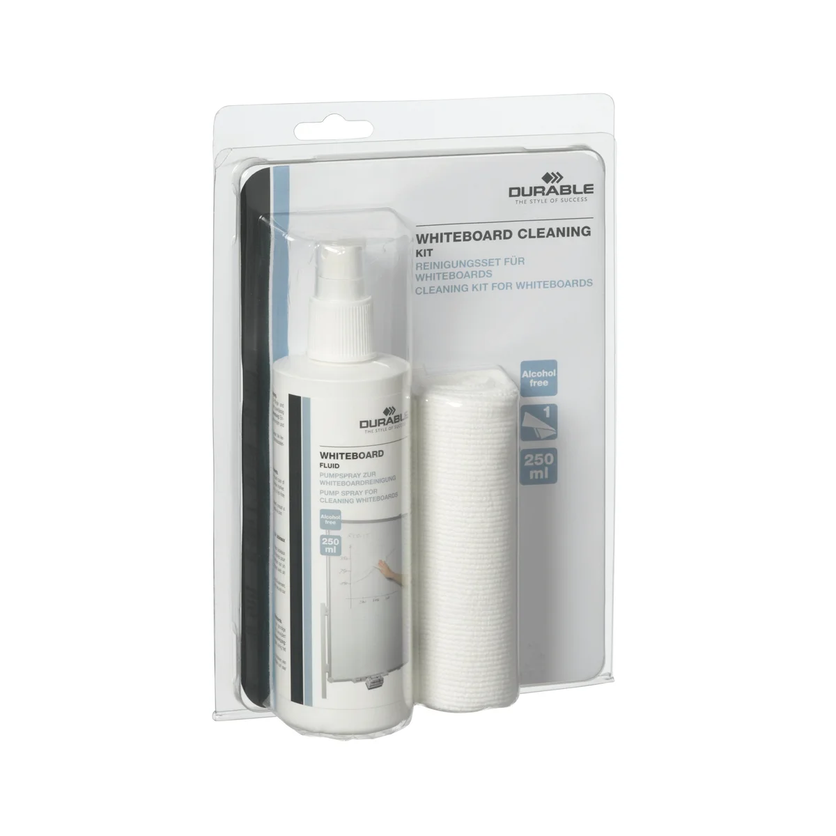 Durable Streak Free Whiteboard Cleaning Spray and Microfibre Cloth Kit 250ml 583300 - Image 3