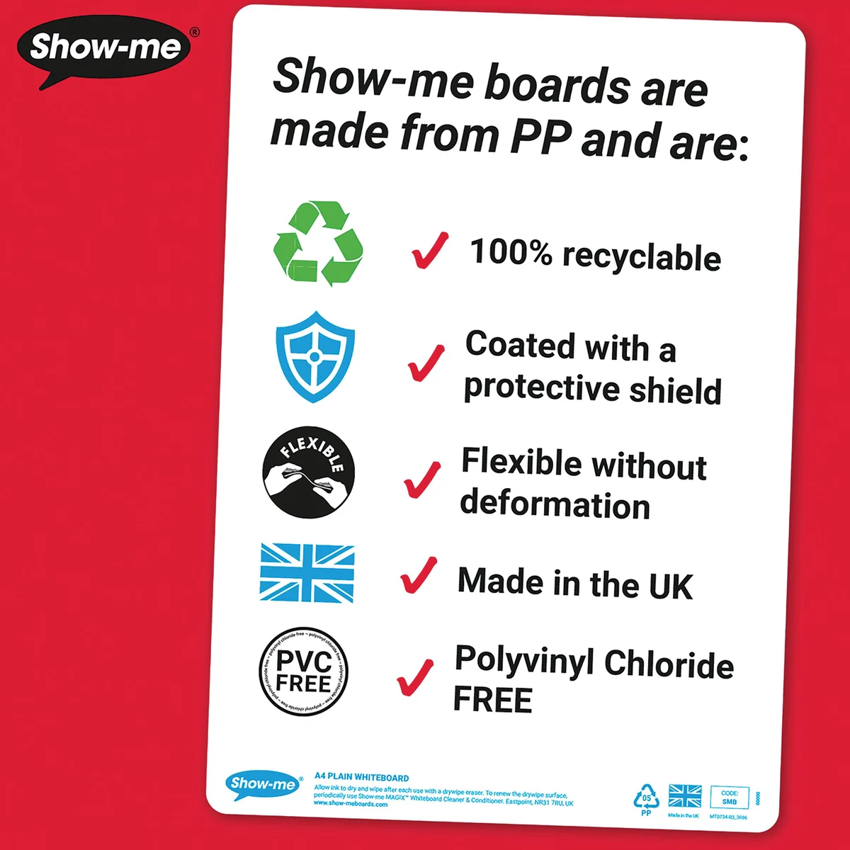 Show-me StayClean A4 Whiteboards Plain/Plain (35 boards pens and erasers + Free cleaners) C/SMB - Image 3