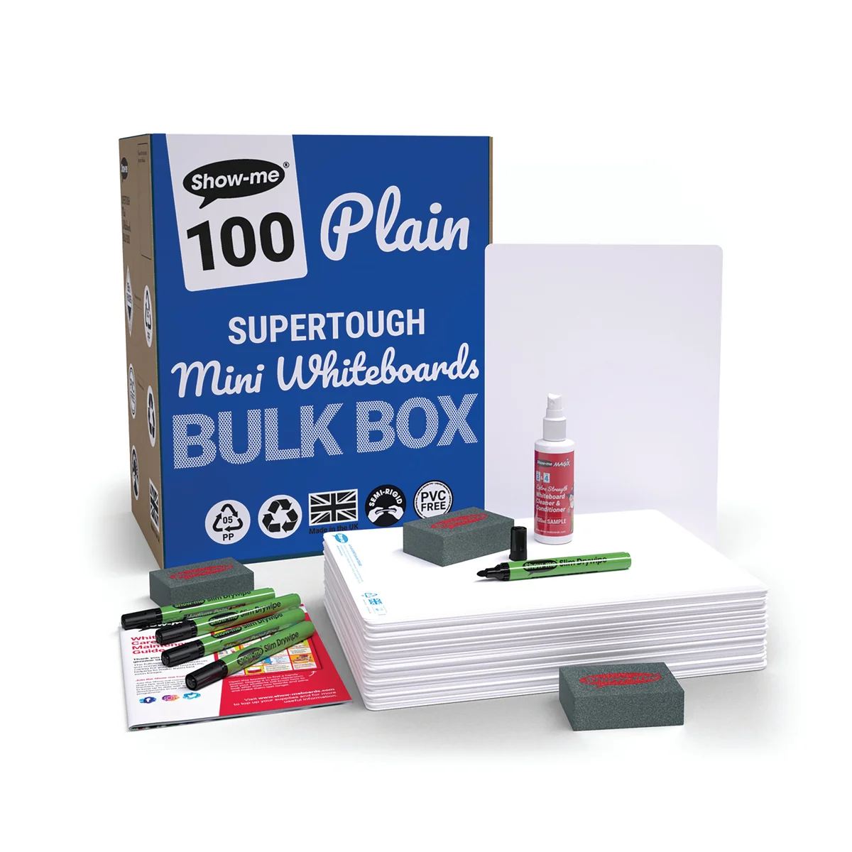 Show-me SUPERTOUGH A4 Whiteboards Plain/Plain Bulk Box (100 boards pens/erasers + FOC Cleaner) B/SRP - Image 1