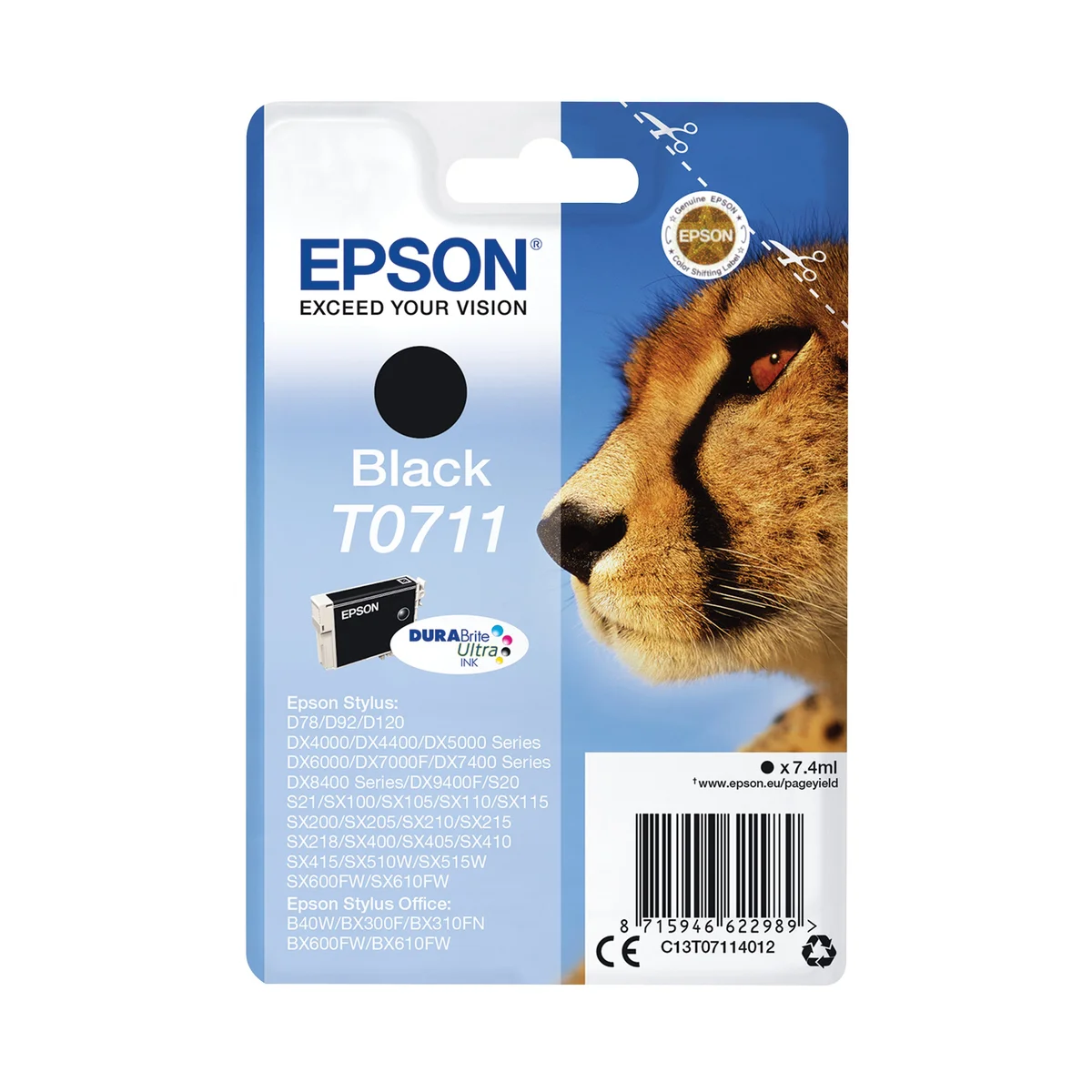 Epson T0711 Cheetah DURABrite Ultra Ink Cartridge Black C13T07114012