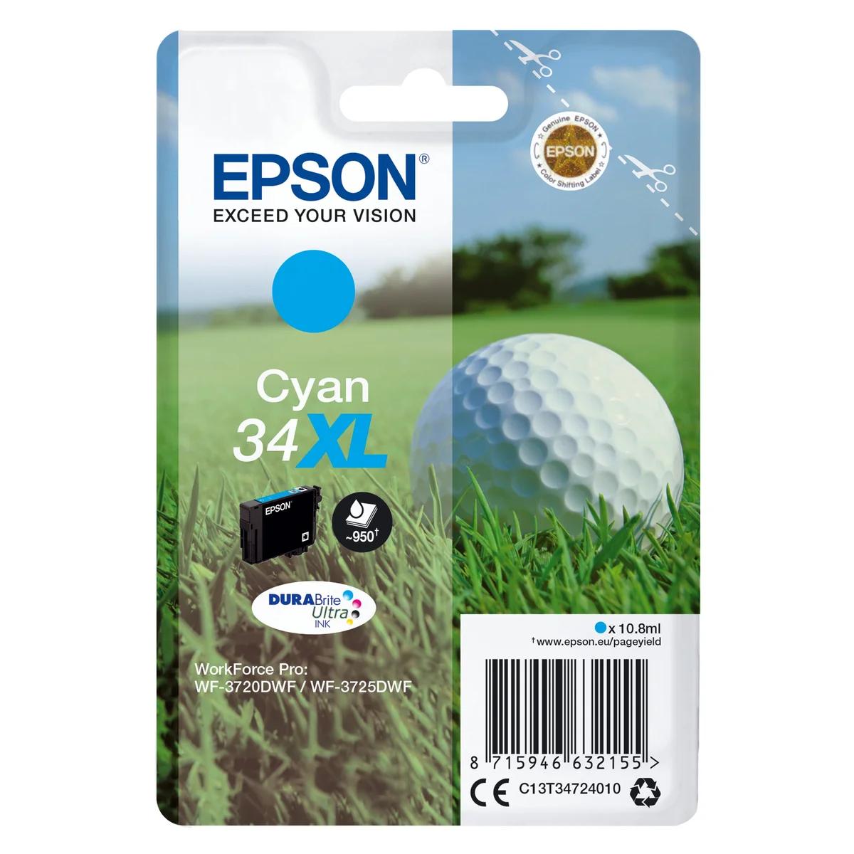 Epson 34XL Golf Ball DURABrite Ultra Ink Cartridge High Yield Cyan C13T34724010