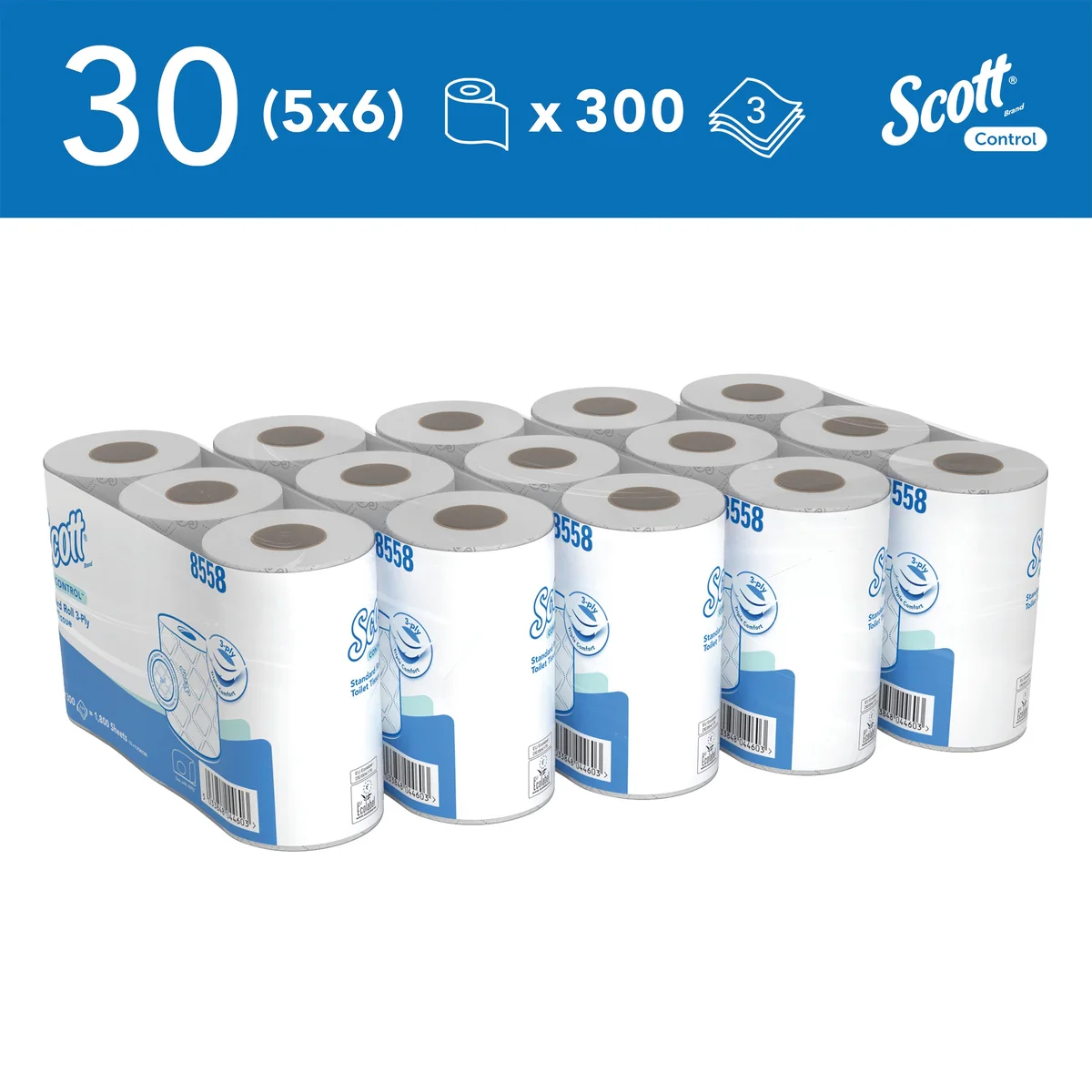 Scott Control Standard Toilet Tissue 3-Ply x300 Sheets per Roll White (Pack of 30) 8558 - Image 2
