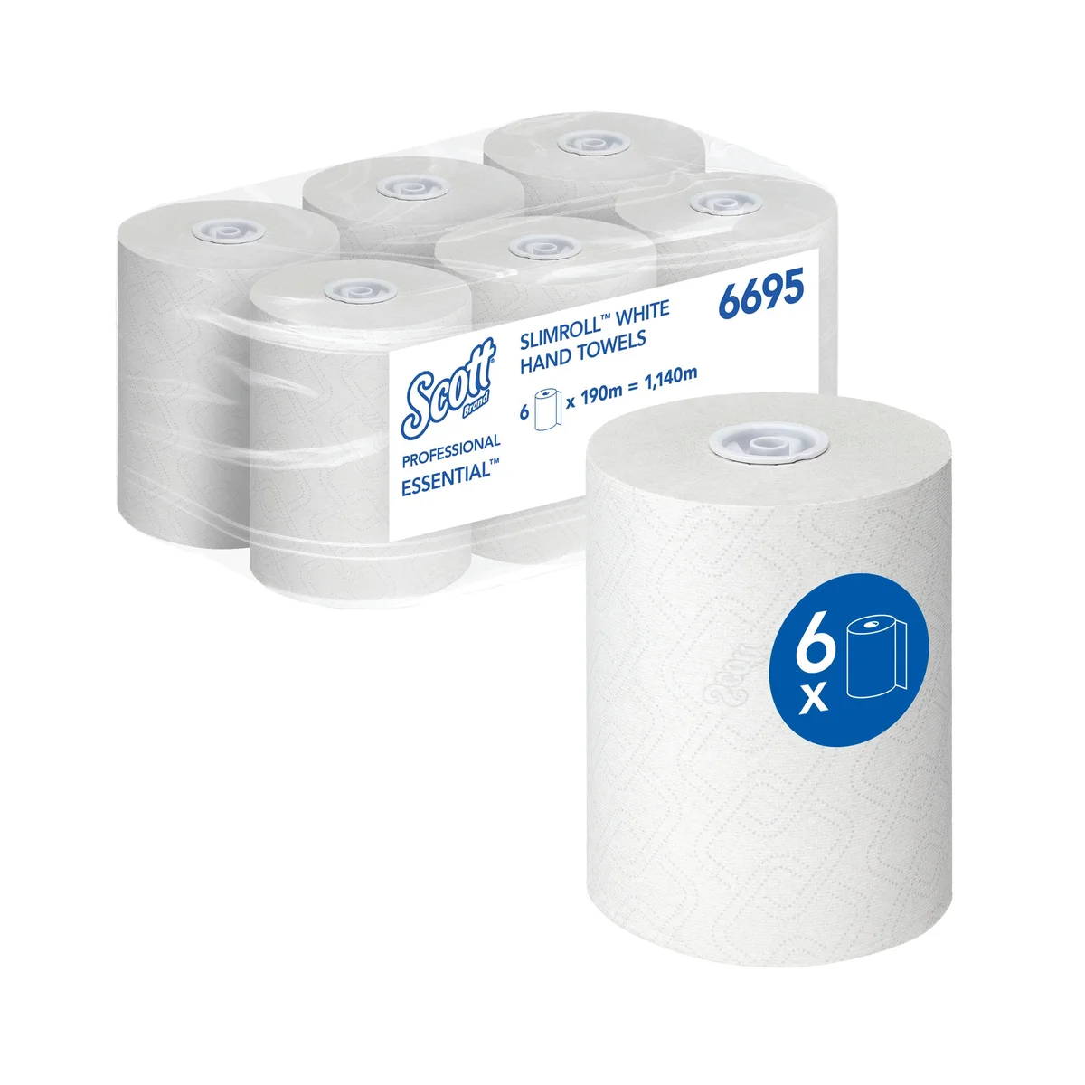 Scott Essential Slimroll Paper Hand Towel Roll 1-Ply 190m Long White (Pack of 6) 6695