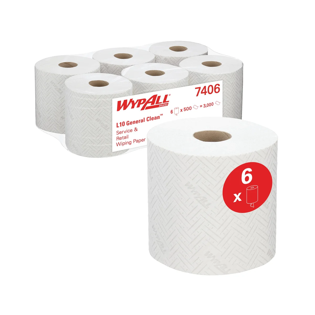 Wypall General Clean L10 Service and Retail Wiping Paper Roll 1-Ply x500 White (Pack of 6) 7406 - Image 2