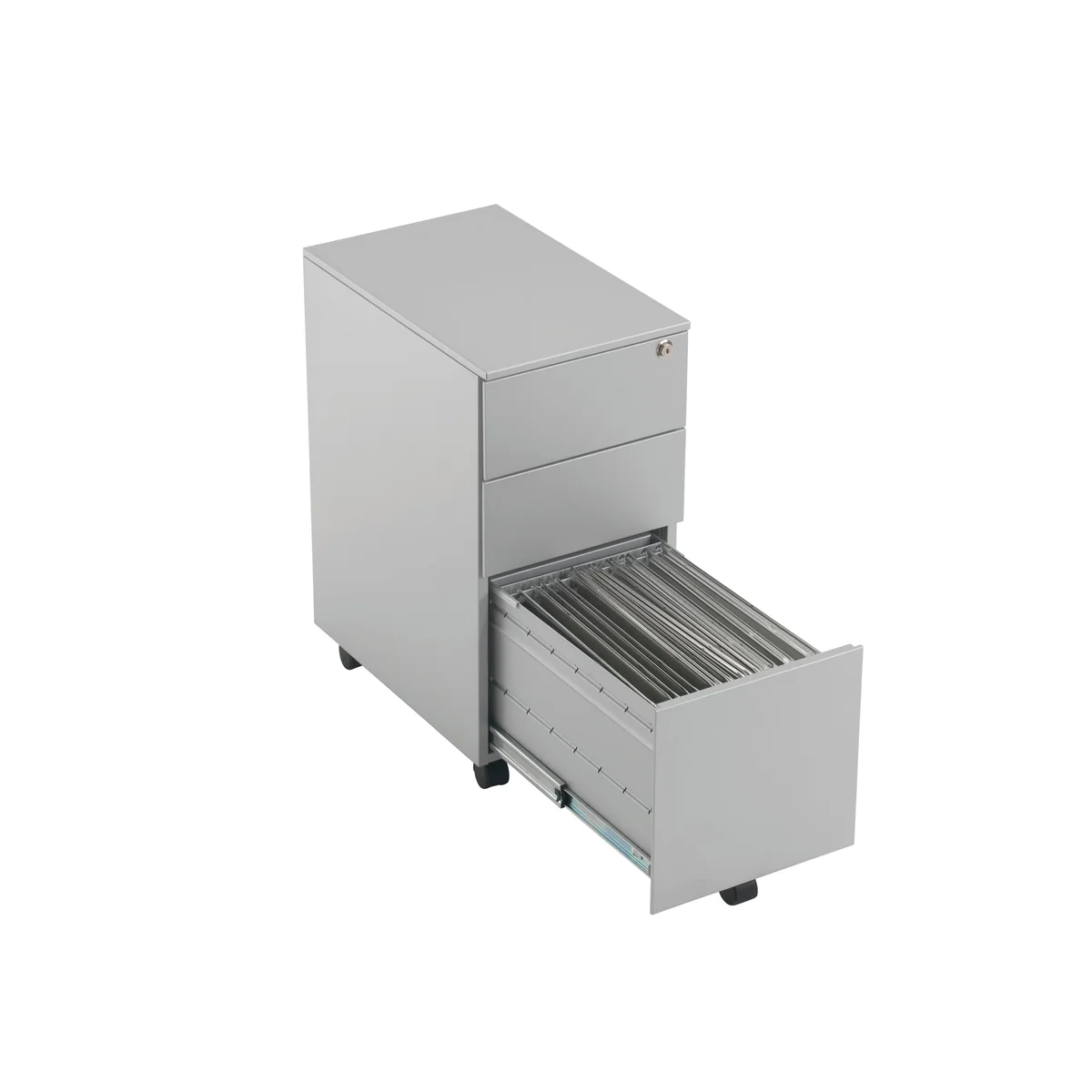 Jemini 3 Drawer Mobile Pedestal Slimline Steel 300x470x615mm Silver KF74157 - Image 3