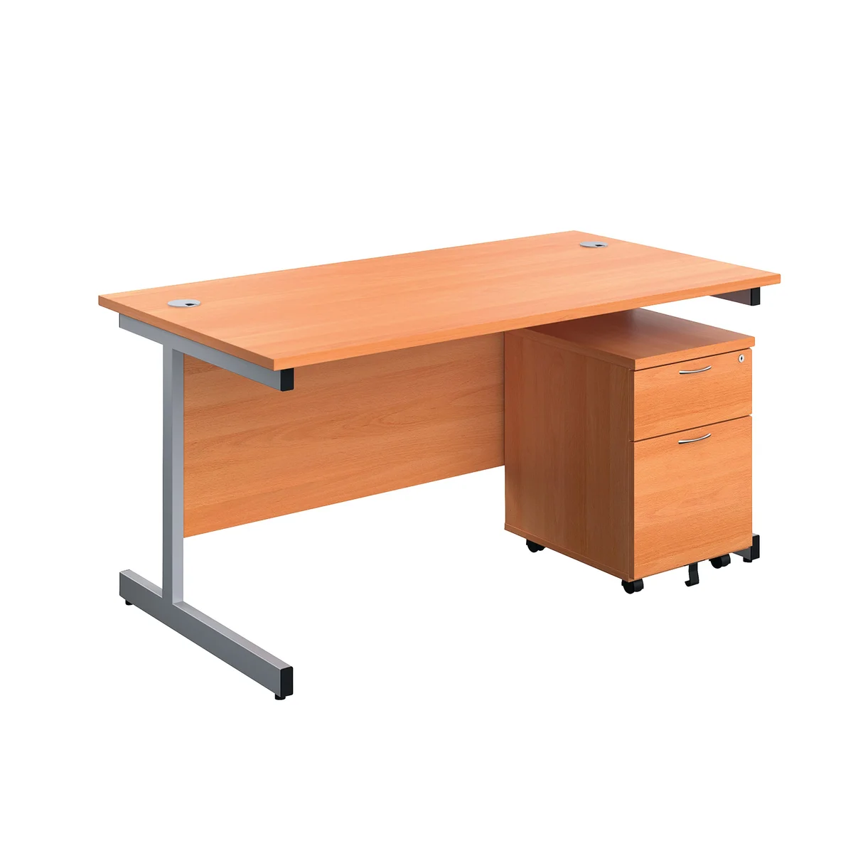 First Single Desk with 2 Drawer Pedestal 1600x800mm Beech/Silver KF803553 - Image 1