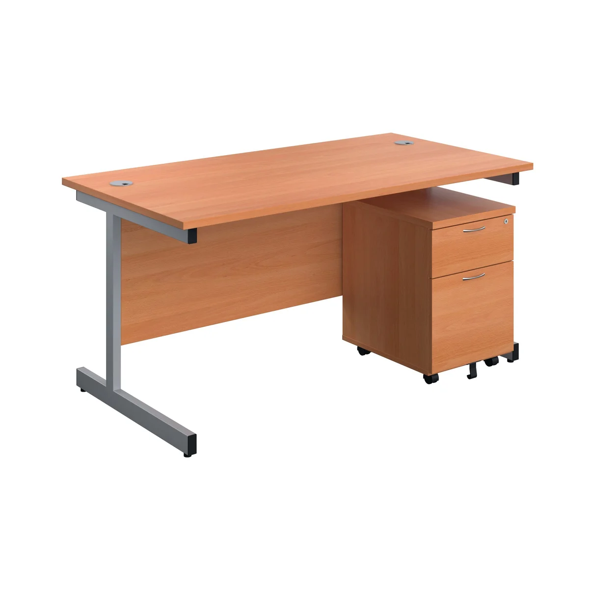First Single Desk with 3 Drawers Pedestal 1600x800mm Beech/Silver KF803584 - Image 1