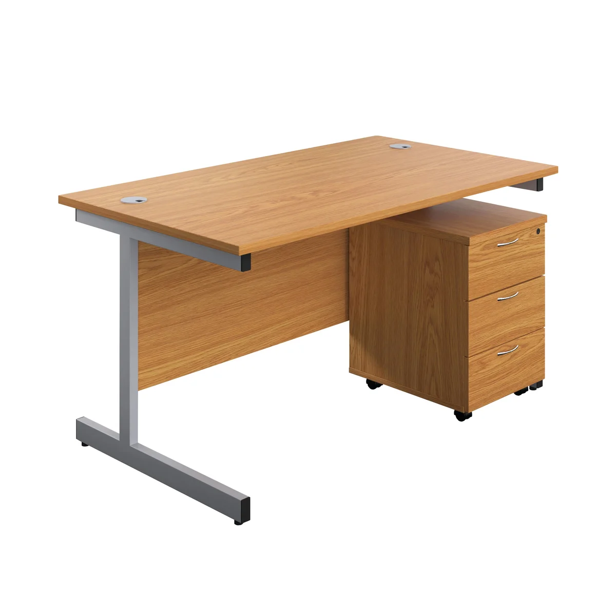 First Single Desk with 3 Drawers Pedestal 1600x800 Nova Oak/Silver KF803591 - Image 1