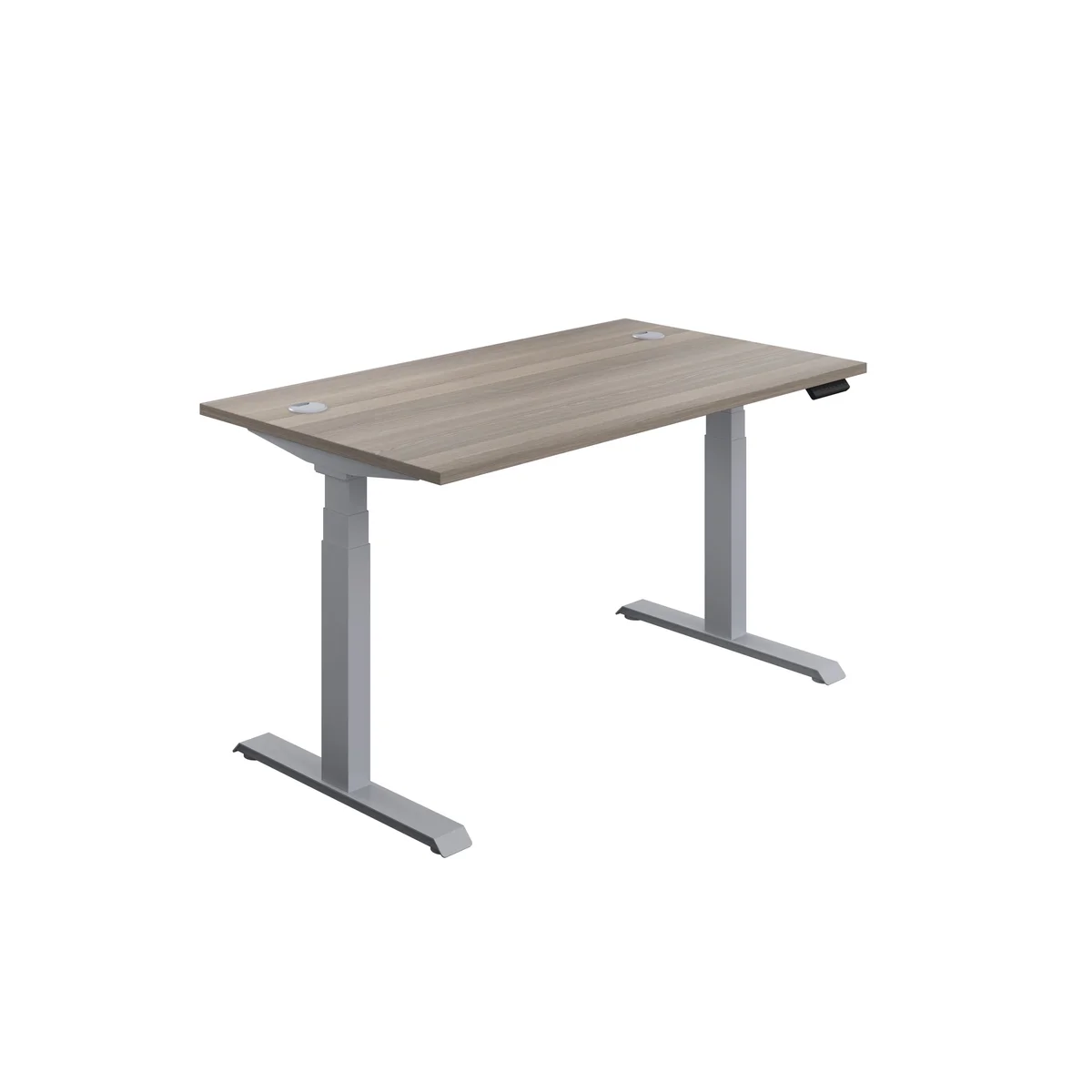 Jemini Sit/Stand Height Adjustable Desk with Cable Ports 1600x800x630-1290mm Grey Oak/Slv KF809944 - Image 1