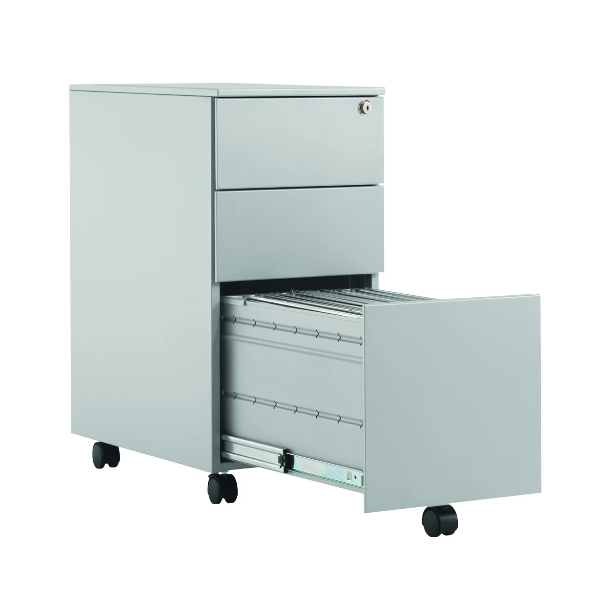 First 3 Drawer Under Desk Pedestal Slimline Steel 300x470x615mm Silver KF98515 - Image 4