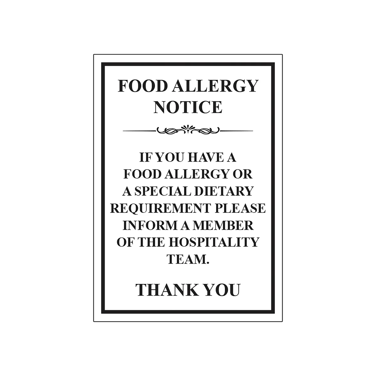 MyCafe Food Allergy Notice Sign Self Adhesive Vinyl A4 297x210mm MYC10701
