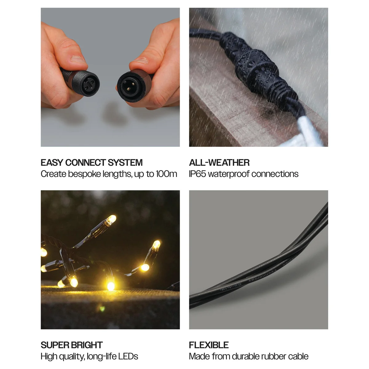 LED IP65 Black Rubber Cluster Lights Warm White 50m EC11009 - Image 3
