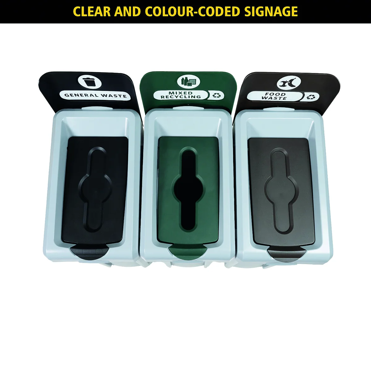 Rubbermaid Slim Jim 3-Stream Recycling Station General Waste/Mixed Recycling/Food Waste 2217670 - Image 4
