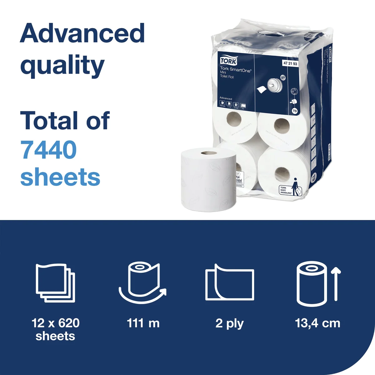 Tork T9 SmartOne Mini Toilet Roll 2-Ply 620 Sheets (Pack of 12) 472193 - Image 2
