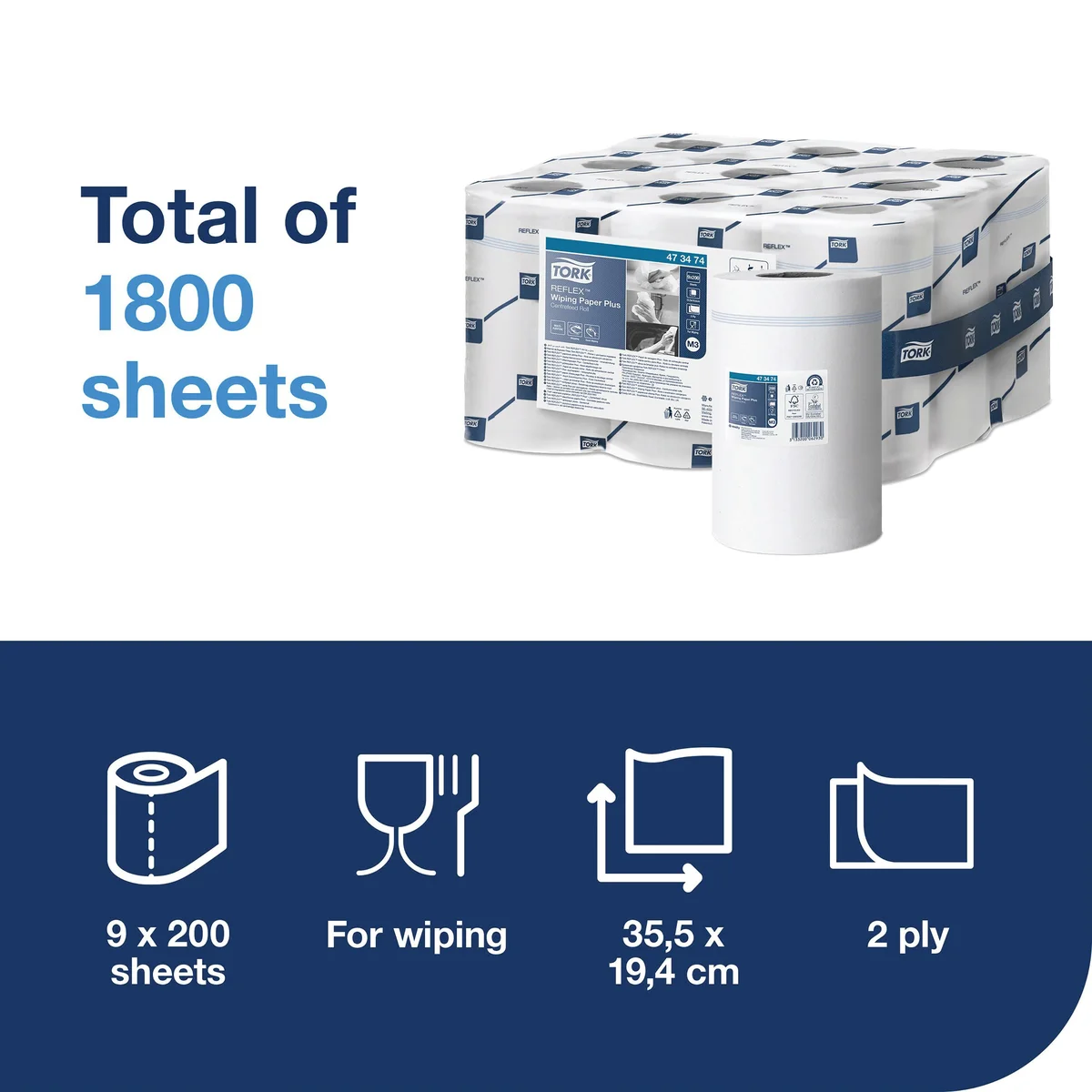 Tork Reflex Multipurpose Wiping Paper Plus 2-Ply 200 Sheets (Pack of 9) 473474 - Image 2