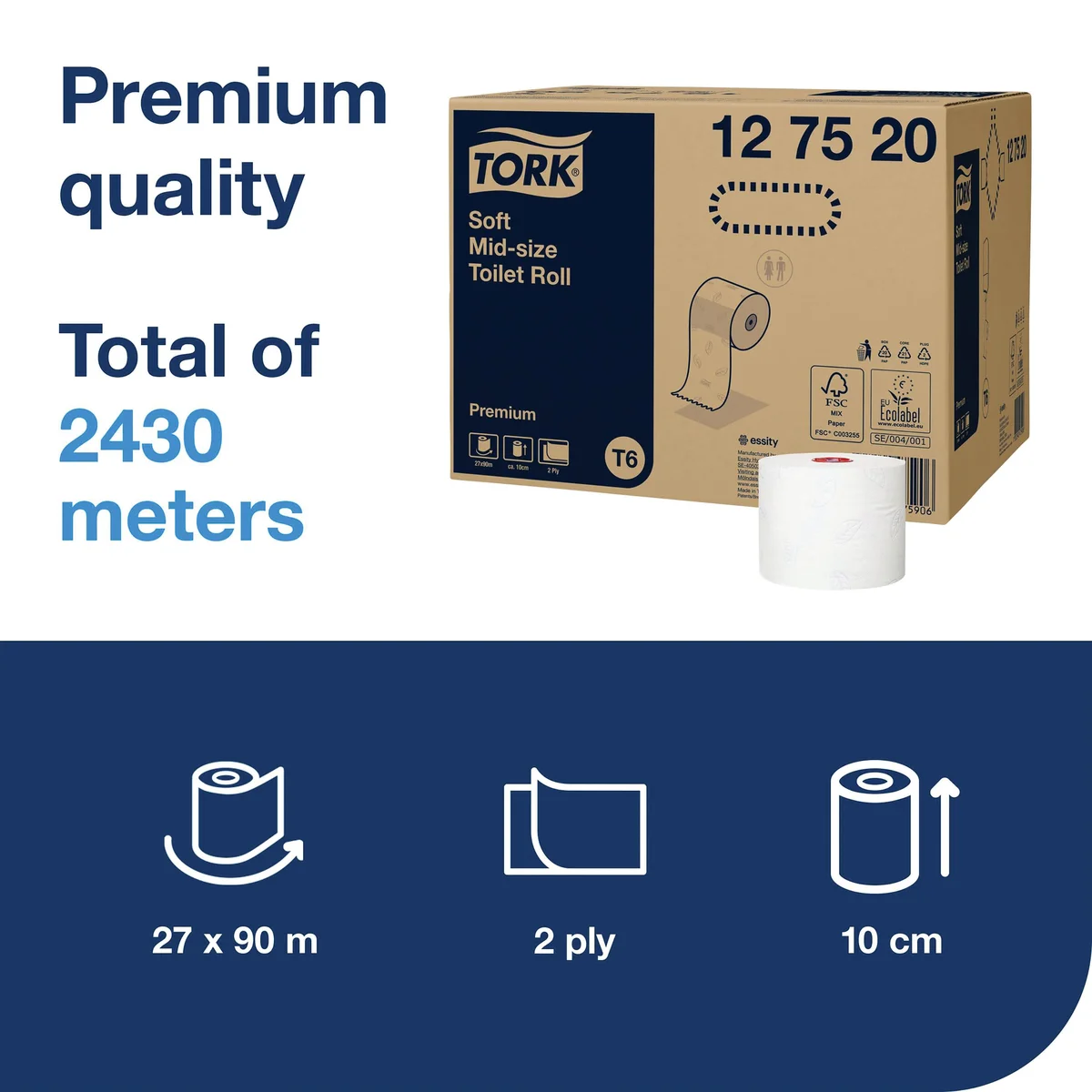 Tork T6 Soft Mid-Size Toilet Roll 2-Ply 90m (Pack of 27) 127520 - Image 2
