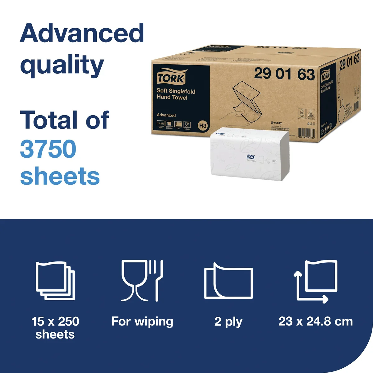 Tork Singlefold Hand Towel Advanced White 250 Sheets (Pack of 15) 290163 - Image 2