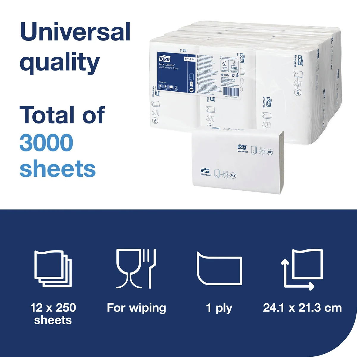 Tork Xpress Universal Multifold Hand Towel H2 1-Ply White 250 Sheets (Pack of 12) 471074 - Image 2