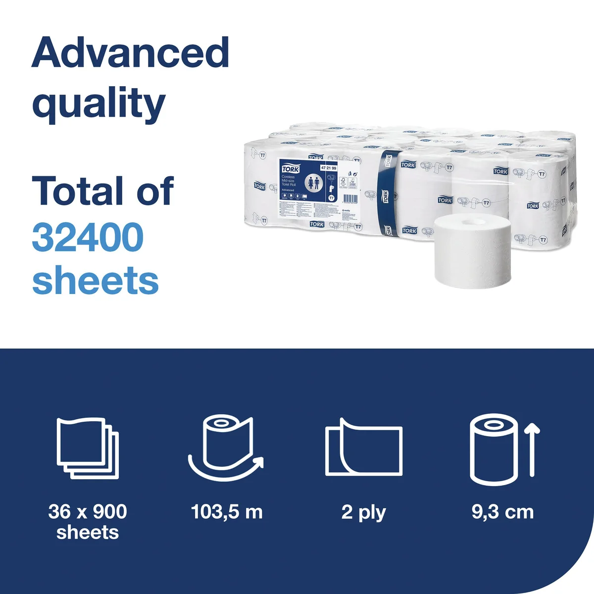 Tork T7 Coreless Mid-Size Toilet Roll Advanced 2-Ply White 900 Sheets (Pack of 36) 472199 - Image 3