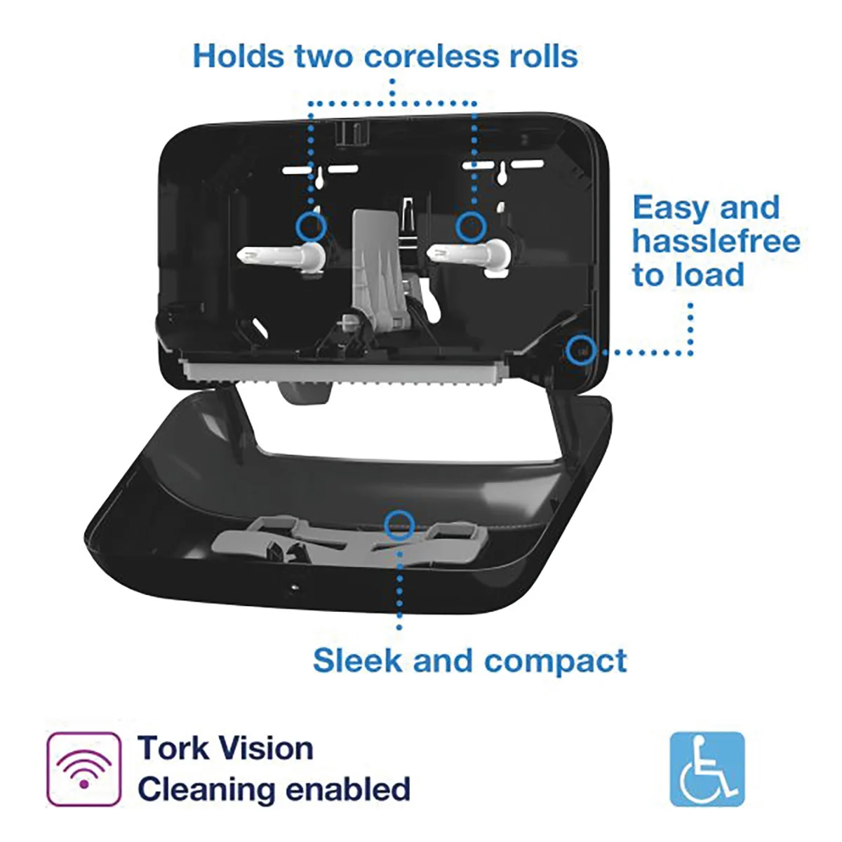 Tork OptiServe Coreless 2-Roll Toilet Roll Dispenser Black 558068 - Image 2
