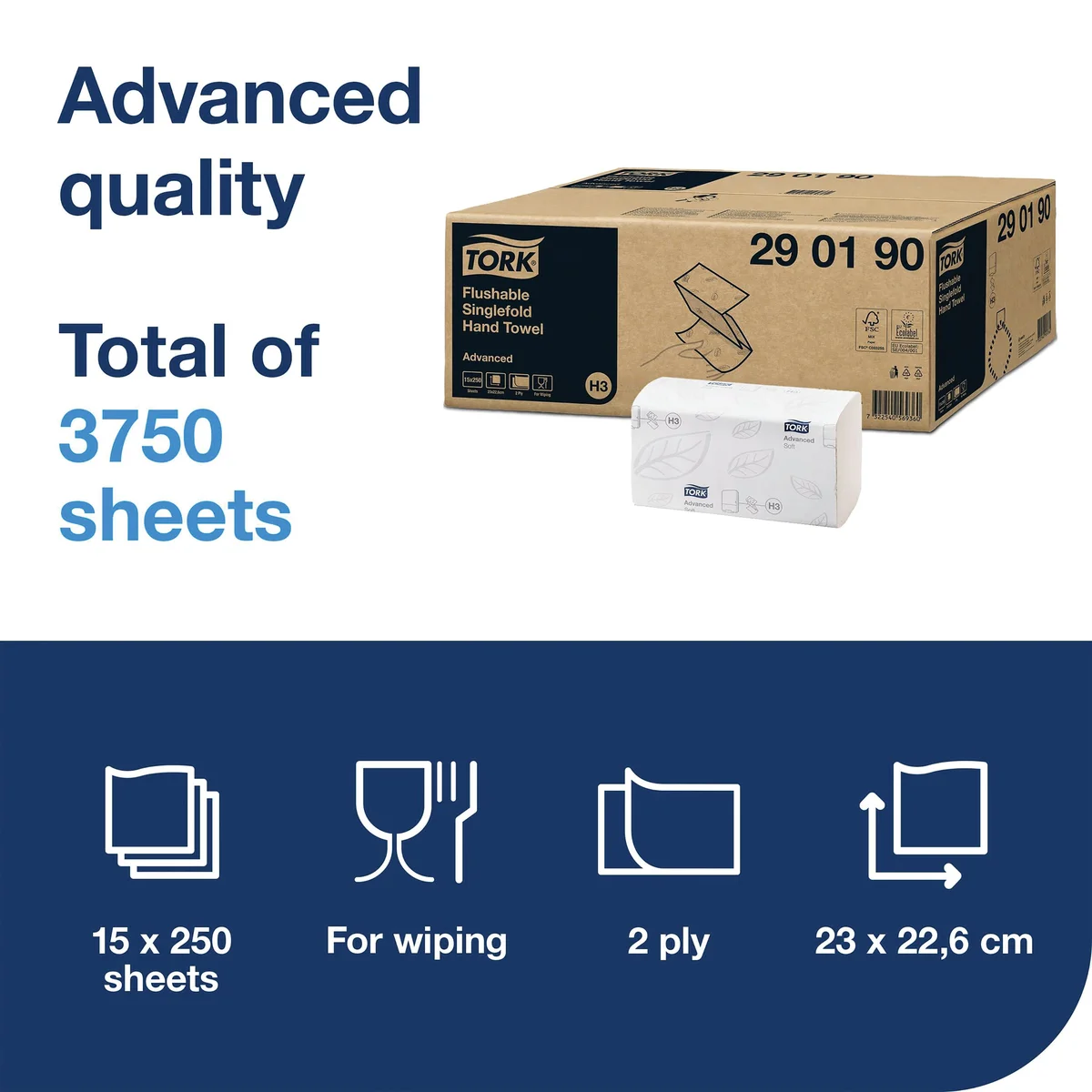 Tork Singlefold Hand Towel H3 Flushable White 250 Sheets (15 Pack) 290190 - Image 2
