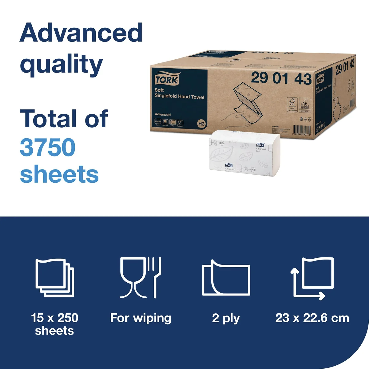 Tork Hand Towel Singlefold 2-Ply White 250 Sheets (Pack of 15) 290143 - Image 2