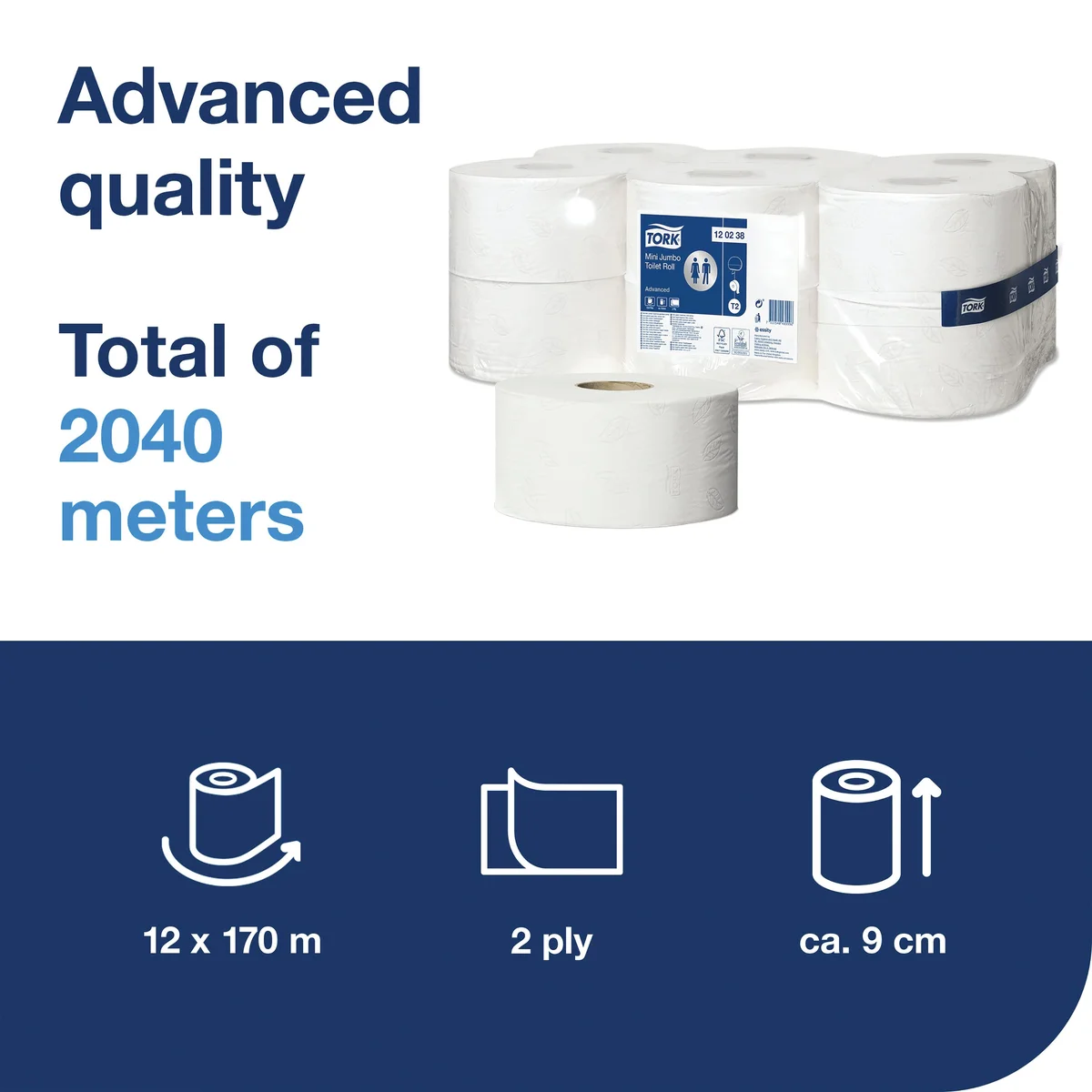 Tork T2 Mini Jumbo Toilet Roll 2-Ply (Pack of 12) 120238 - Image 2