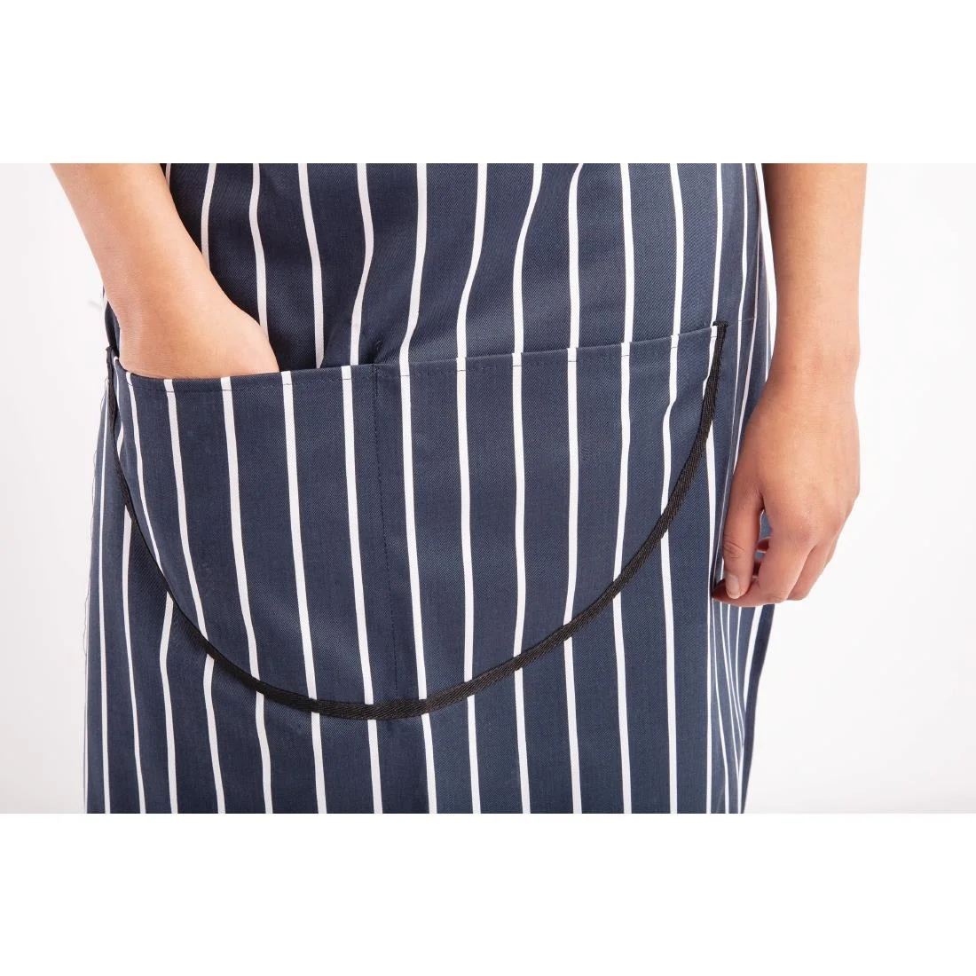Whites Butchers Apron Navy Stripe with Pocket - Image 4